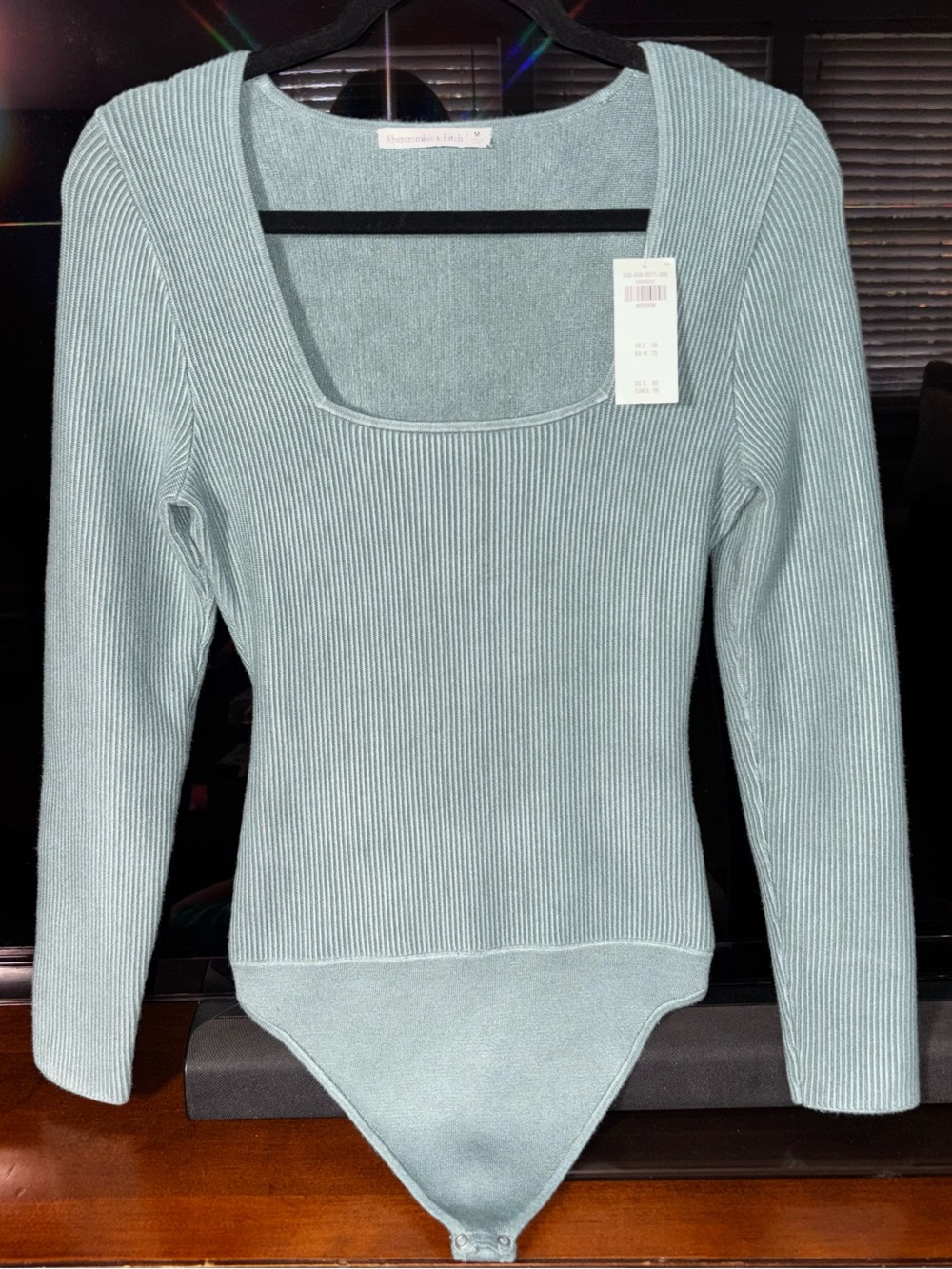 Abercrombie & Fitch Ribbed Square-Neck Long-Sleeve Bodysuit - Sage Green